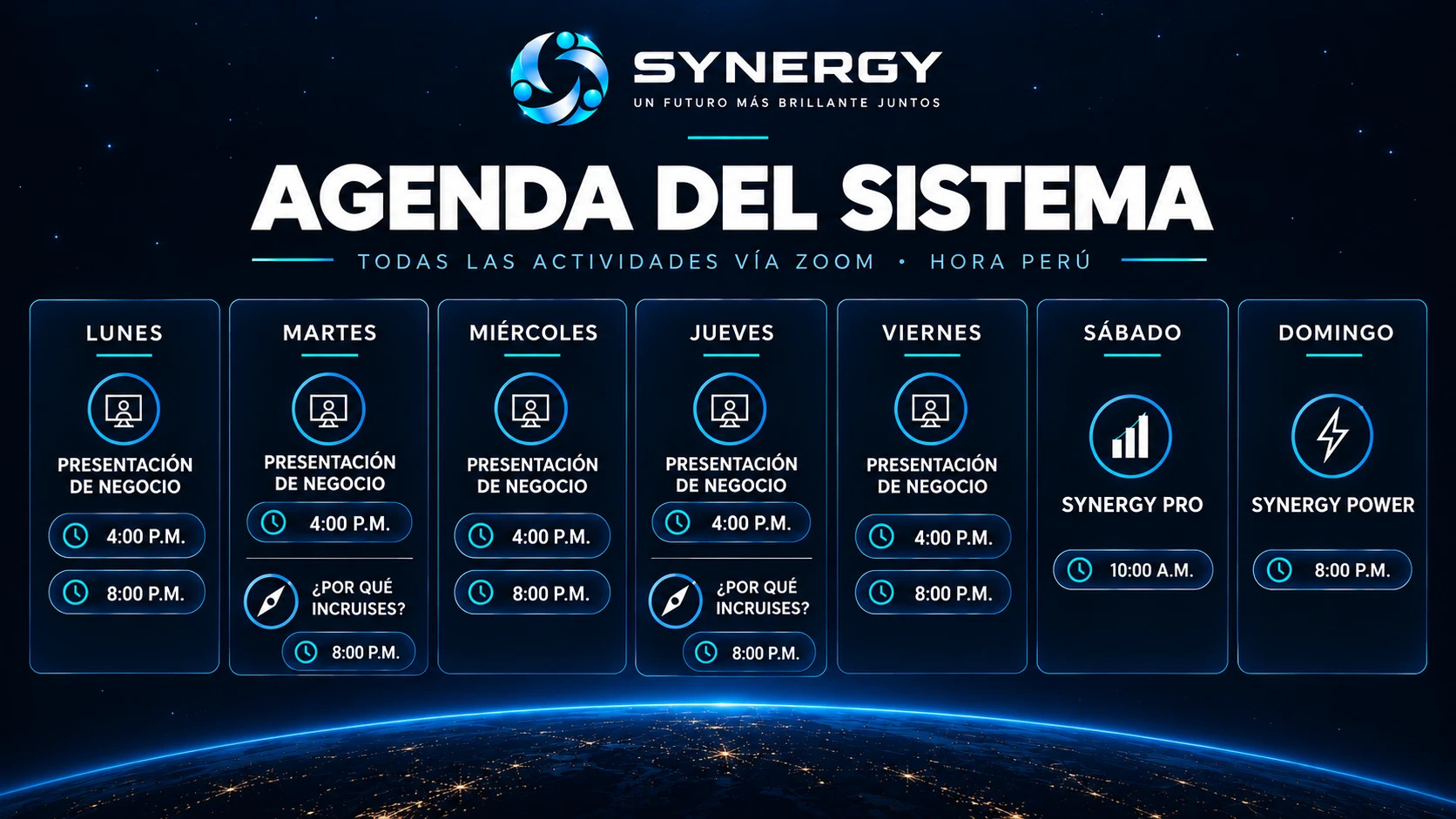 Flyer oficial: Agenda del Sistema Synergy, con los horarios de cada día